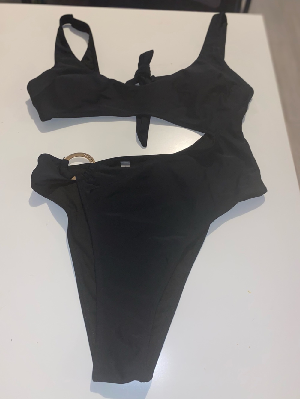 Black One-Shoulder Cutout Bikini with Ring Detail